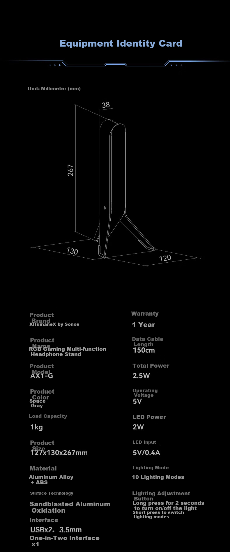 HUMANEX Multifunctional Headphone Stand, Over-Ear Gaming RGB Desktop Storage Headphone Rack AX1-G 8