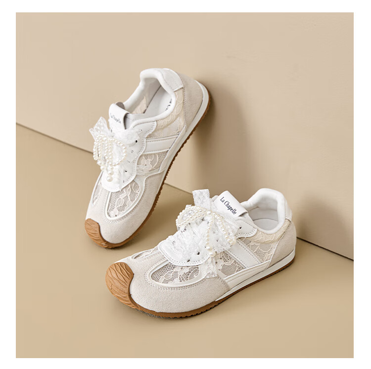 La Chapelle German Training Shoes Bow Mesh Shoes Autumn New Breathable Lightweight Sports Casual Versatile Sneakers Beige 37 10