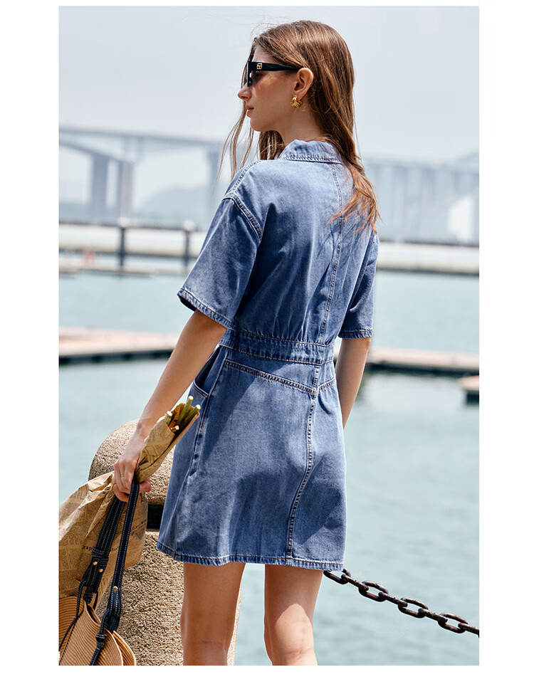 Olrain Short-Sleeve Denim Dress, Summer Women's Wear, Waist-Cinching Slimming Thin Commuter Dress, Light Blue, L 26