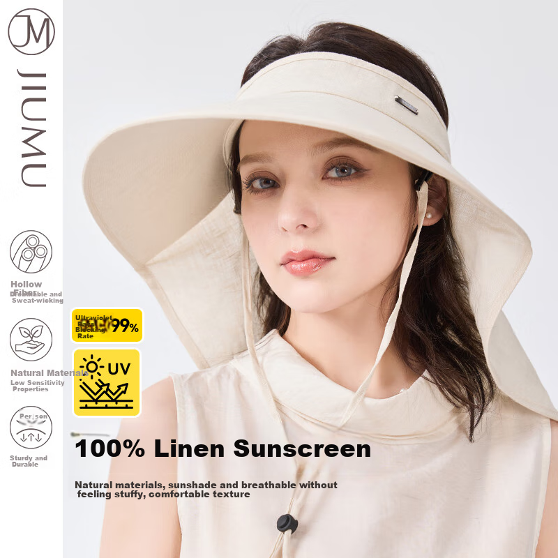 JIUMU Linen Sun Protection Hat, Women's Sun Hat, Sun Visor, Open Top Hat, Summer Face-Covering Neck Protection UV-Resistant Hat