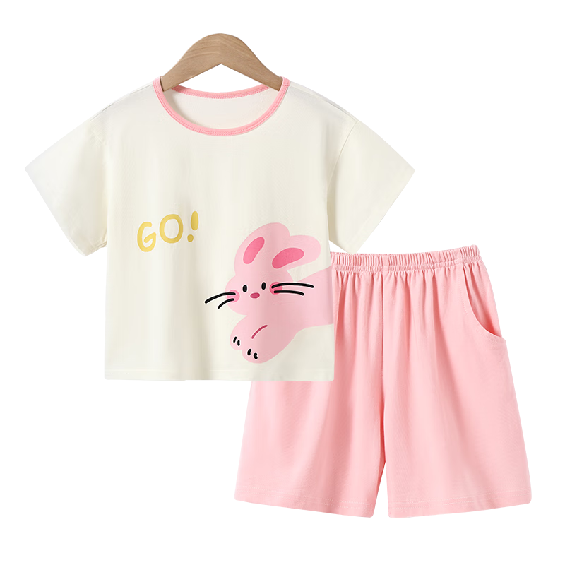 Mini Wooden House Children's Short Sleeve Set Summer Boys Girls Pure Cotton Top and Pants Two-Piece Set Jumping Little Rabbit 90