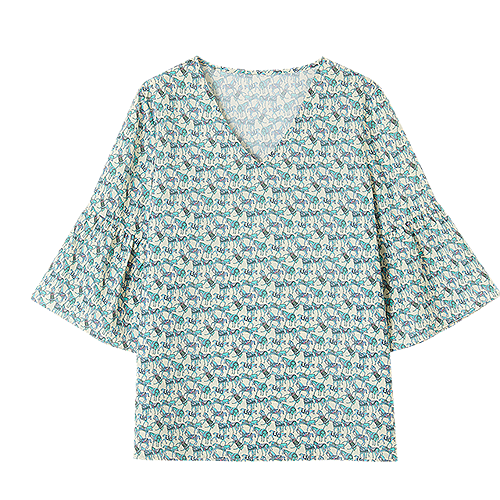Demana [Artistic Melody] Summer V-Neck Composite Silk Huayao Shirt with Pleated Bell Sleeves Flowing Blouse Women's Top