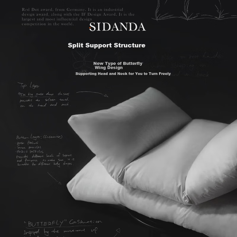 SIDANDA Pillow Core, 95% Goose Down Pillow, Side Sleeping Pillow, Feather Pillow, Half-Side Lying Pillow, Double-Layer Support Structure, Medium Pillow