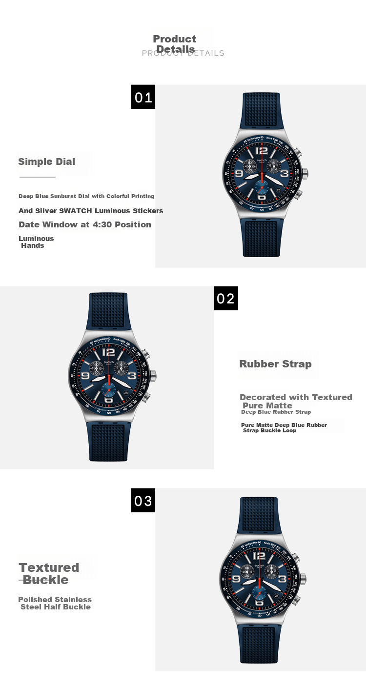Swatch Swiss Watch, Three-Eye Timer Metal Series Business Casual Quartz Men's Watch Holiday Gift, Deep Blue Plaid Patter 2