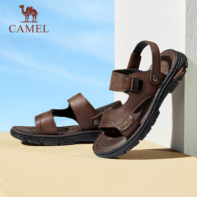 CAMEL Comfortable Soft Cowhide Breathable Dual-Wear Durable Business Casual Leather Sandals for Dad G15M211027 Brown Size 42