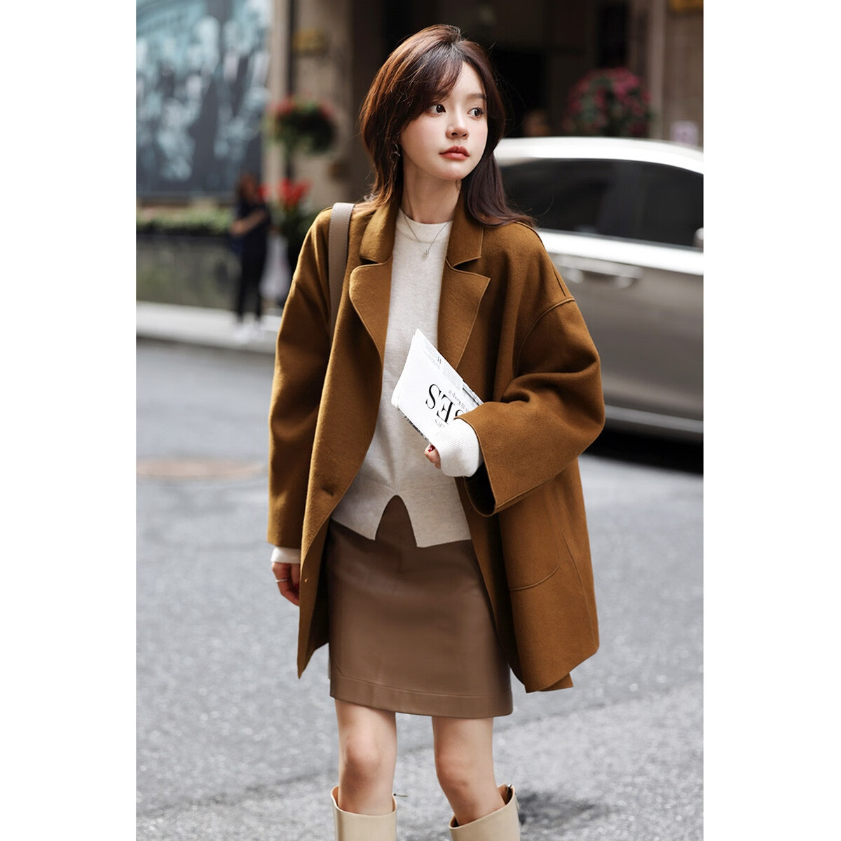 MT Korean Style Autumn Street Minimalist Classic Large Lapel Pocket Double-Faced Wool Coat Coffee Color S