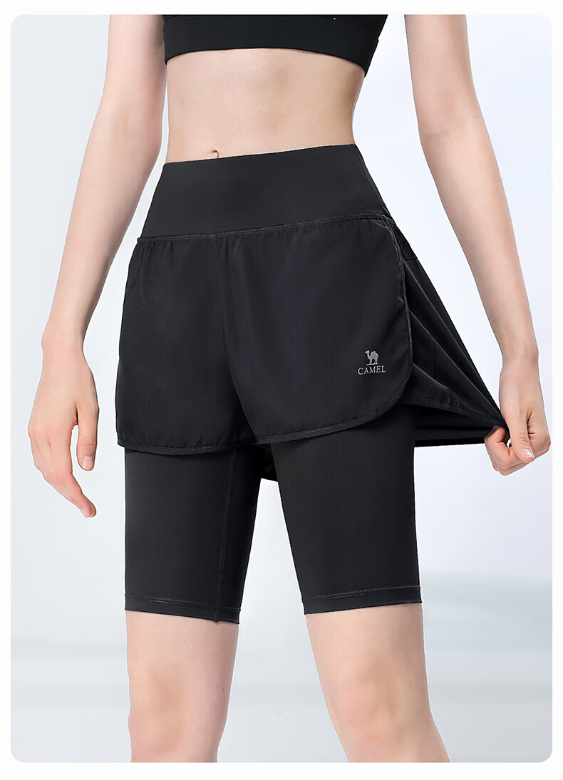 CAMEL Faux Two-Piece Quick-Dry Women's Sports Pants, Elastic Running Fitness Shorts, Y24BA4L0037M, Misty Gray, L 17