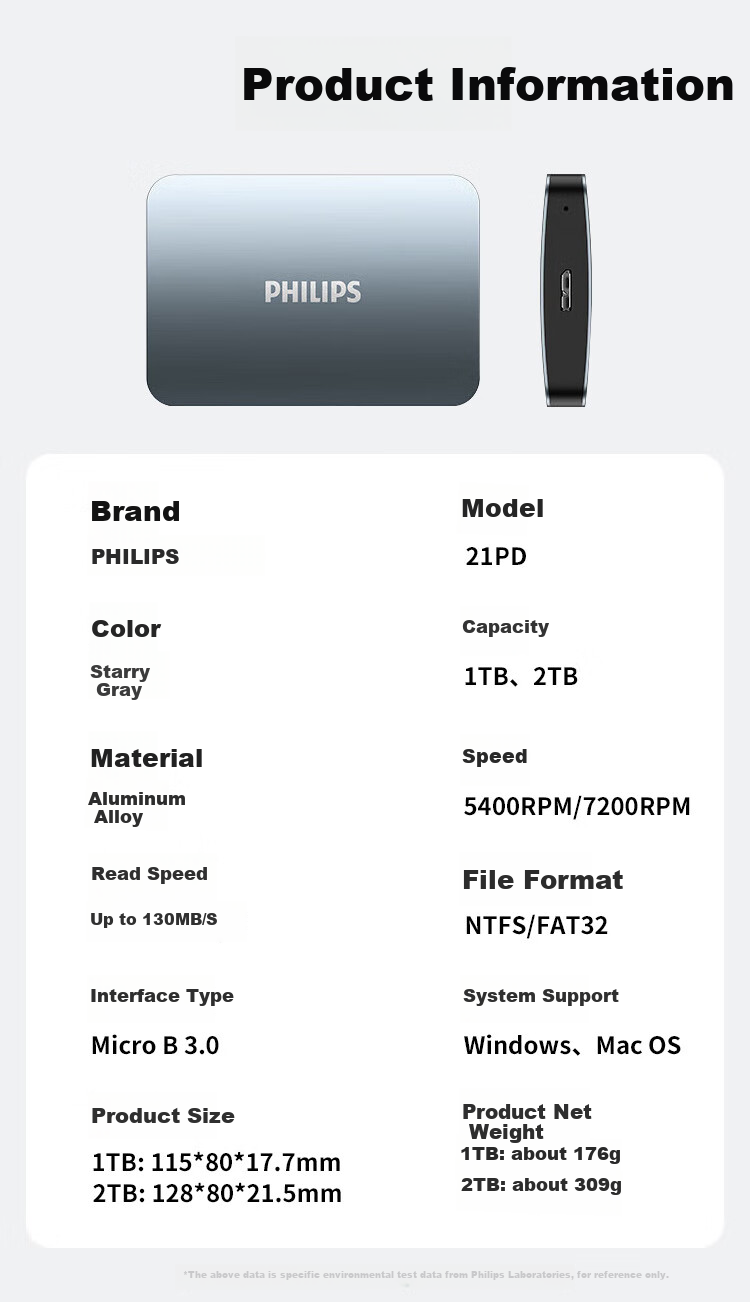 PHILIPS 1TB Portable Hard Drive, USB3.2Gen1 High-Speed Large Capacity 21PD Series, 2.5-Inch Computer Mechanical Hard Drive, Compatible with Mac, External Storage for Office And Home Use 9