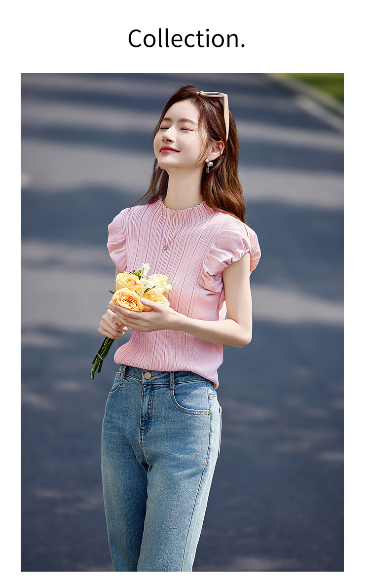 Shangjing Women's Summer Knitwear New French Elegant Puff Sleeve Slim Fit Short Sleeve T-Shirt Top 15