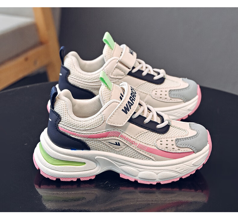 Warrior Children's Shoes, Spring And Autumn Girls' Sneakers, Breathable Mesh Running Shoes WZ(CL)-1227 Beige/blue/pink 31 7