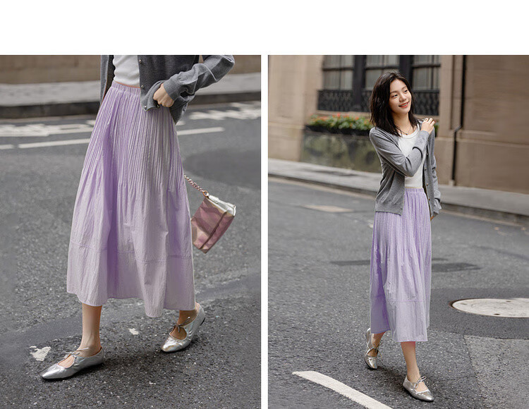 Dme [Lingdong Muxi] Spring French Cloud-Feel Cotton Elastic Waist Pleated A-Line Breathable Midi Skirt for Wome 12