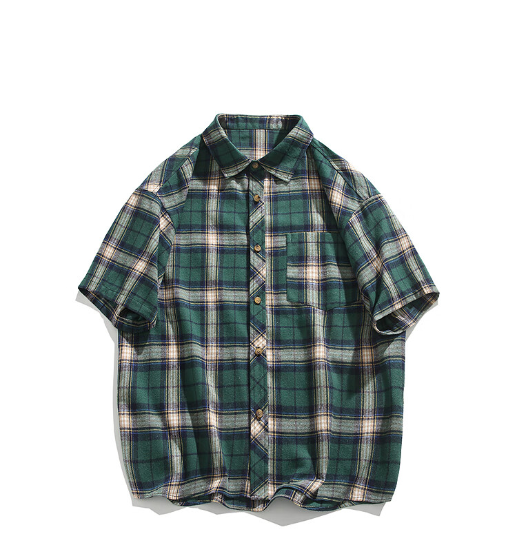 CLOR American Retro Lapel Plaid Shirt for Men, Spring And Summer Style, Loose Casual Trendy Short Sleeve CLCX05 Green 4XL 8