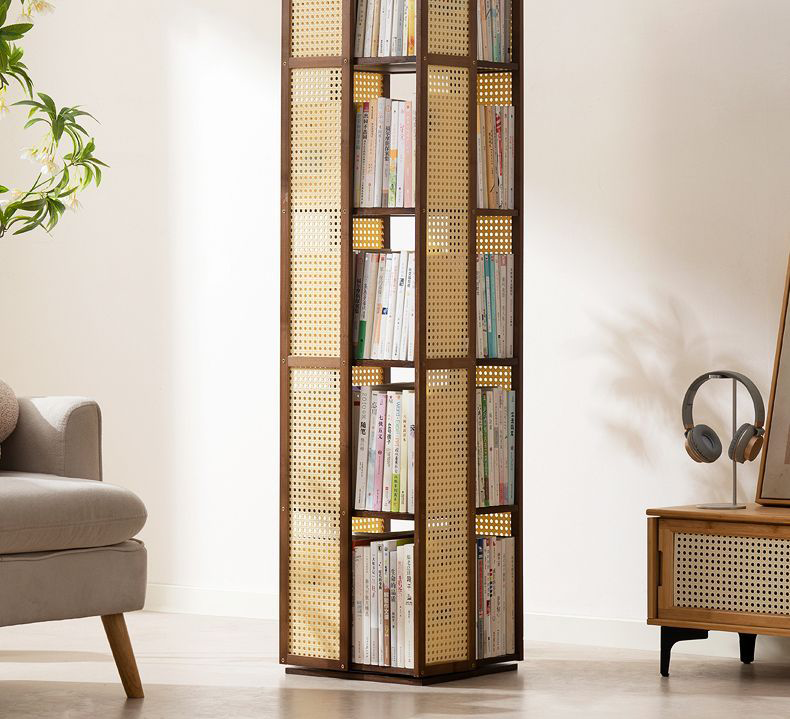 Yimo Rotating Bookshelf, Multi-Tier Floor-Standing Storage Display Rack for Home Living Room, Plastic Rattan, Four-Tier, Tea Color 13