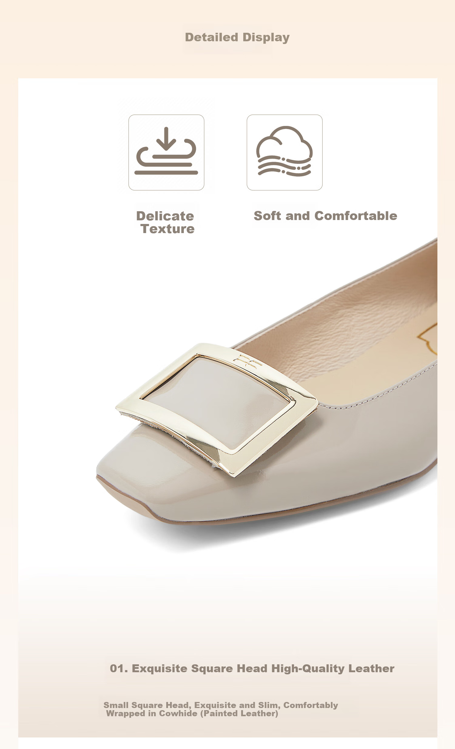 COMELY Square Buckle Low-Cut Flats for Women, Spring And Summer New Style Genuine Leather Versatile Flat Shoes to Match Dresses, Pink Apricot Color, Size 39 6