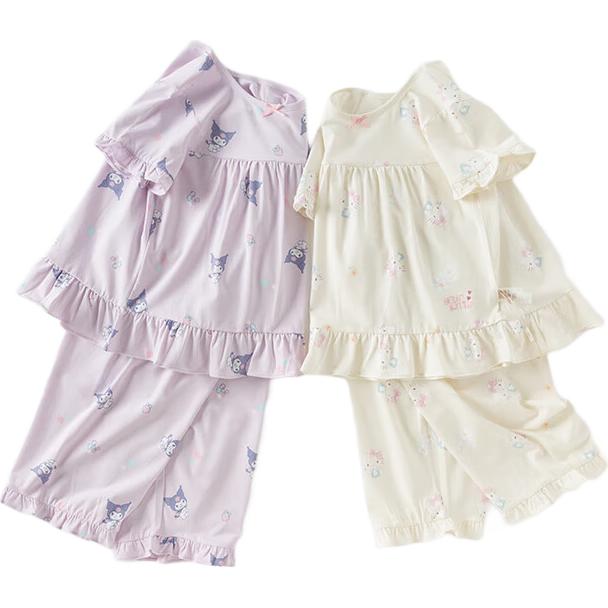DAVE & BELLA Kuromi Collaboration Girls' Home Wear Set, Summer Outfit for Older Children, Antibacterial Pajamas