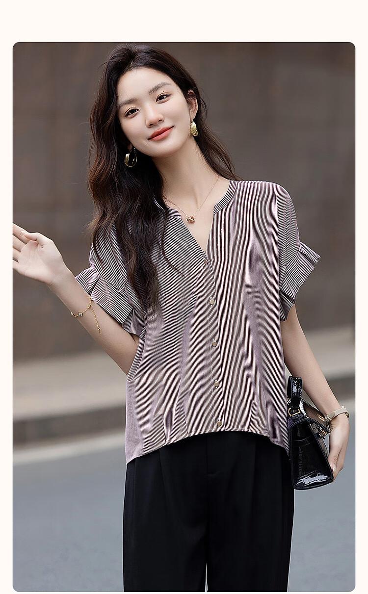 Demana 100% Cotton Summer Casual V-Neck Pleated Ruffle Sleeve Loose Fit Shirt for Women 2