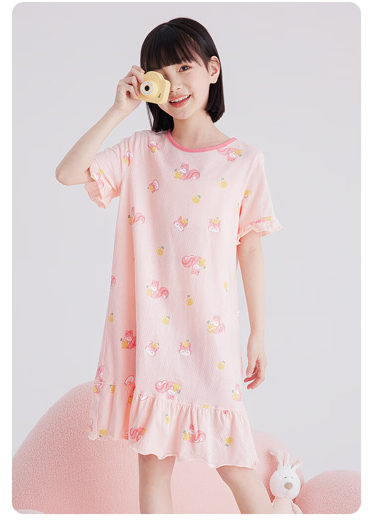DEESHA Girls' Nightgown, Summer Thin Pure Cotton Mesh Breathable, Little Girl Pajamas, for Older Children, Fruit Green Daisy Pattern, Size 120 4
