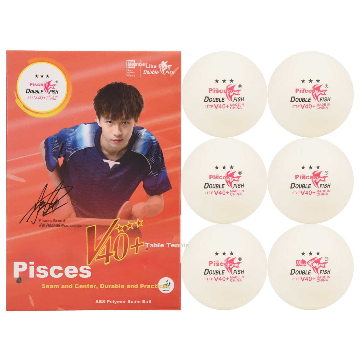 DOUBLE FISH Table Tennis Three-Star Zhanchi ABS New Material V40+, 3-Star Competition Balls, White, 6 Pieces Per Set, 5 Boxes Set