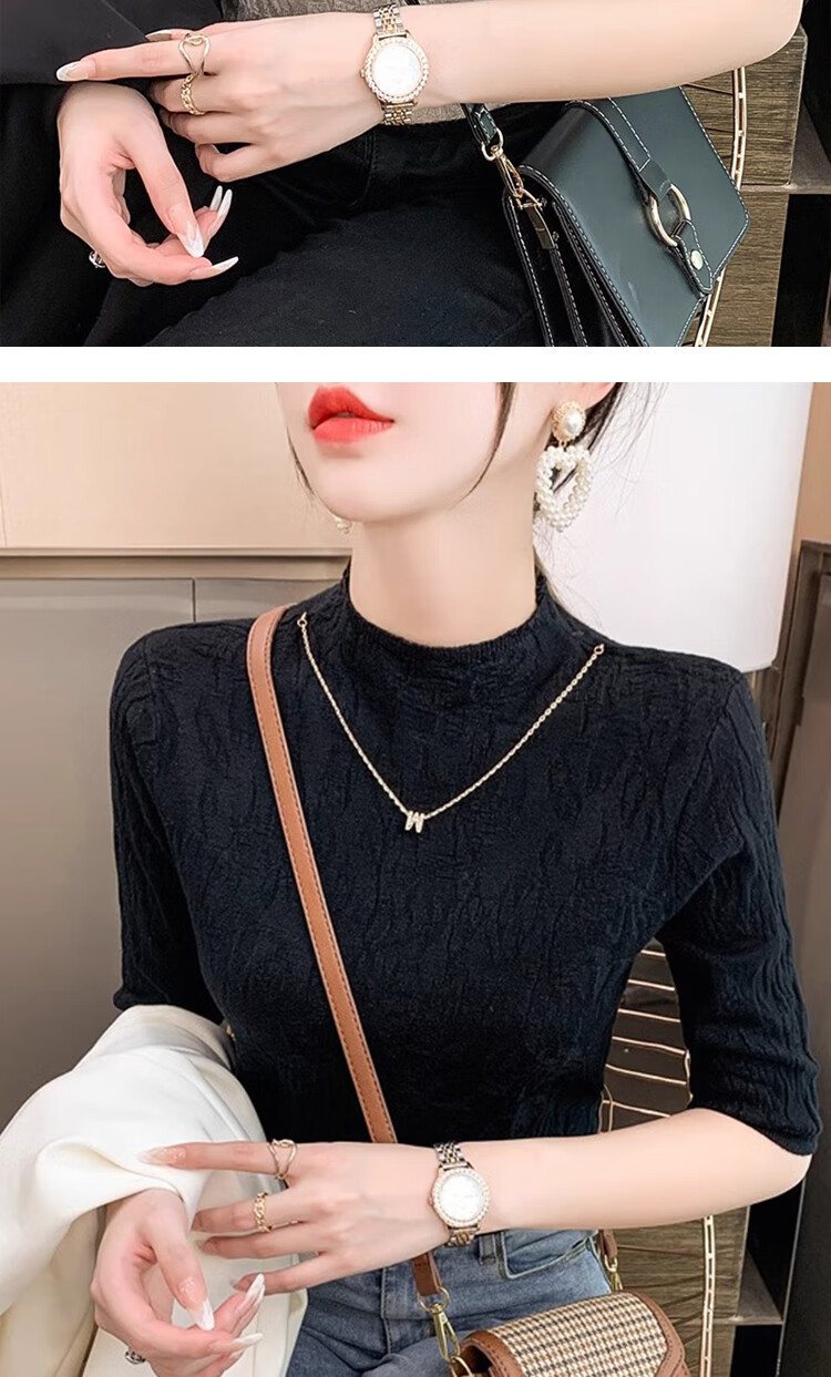 GUJIN Women's Mid-Sleeve Solid Color Textured Knit Top Half Turtleneck Short Sleeve 2025 New Basic Shirt 4