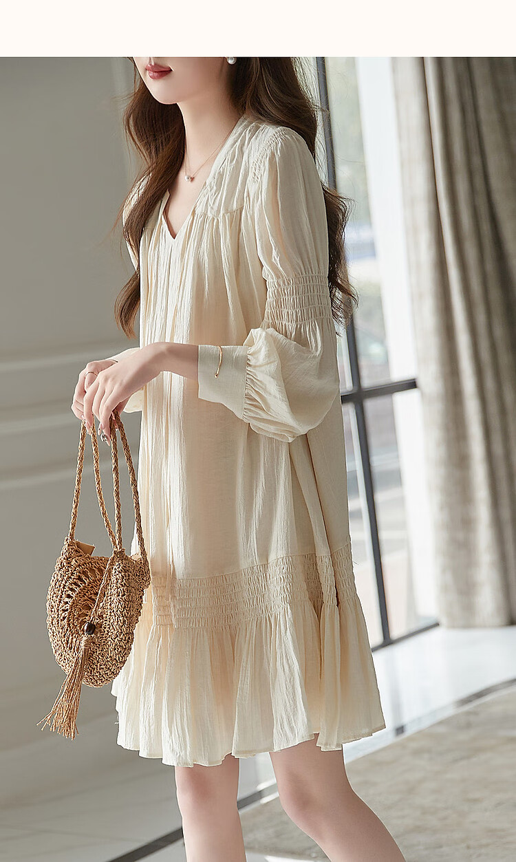 Dme [Fujia Qianjin] Spring And Autumn V-Neck Palace Sleeve Tie-Waist Adjustable Lady's Dress, Short Style 7