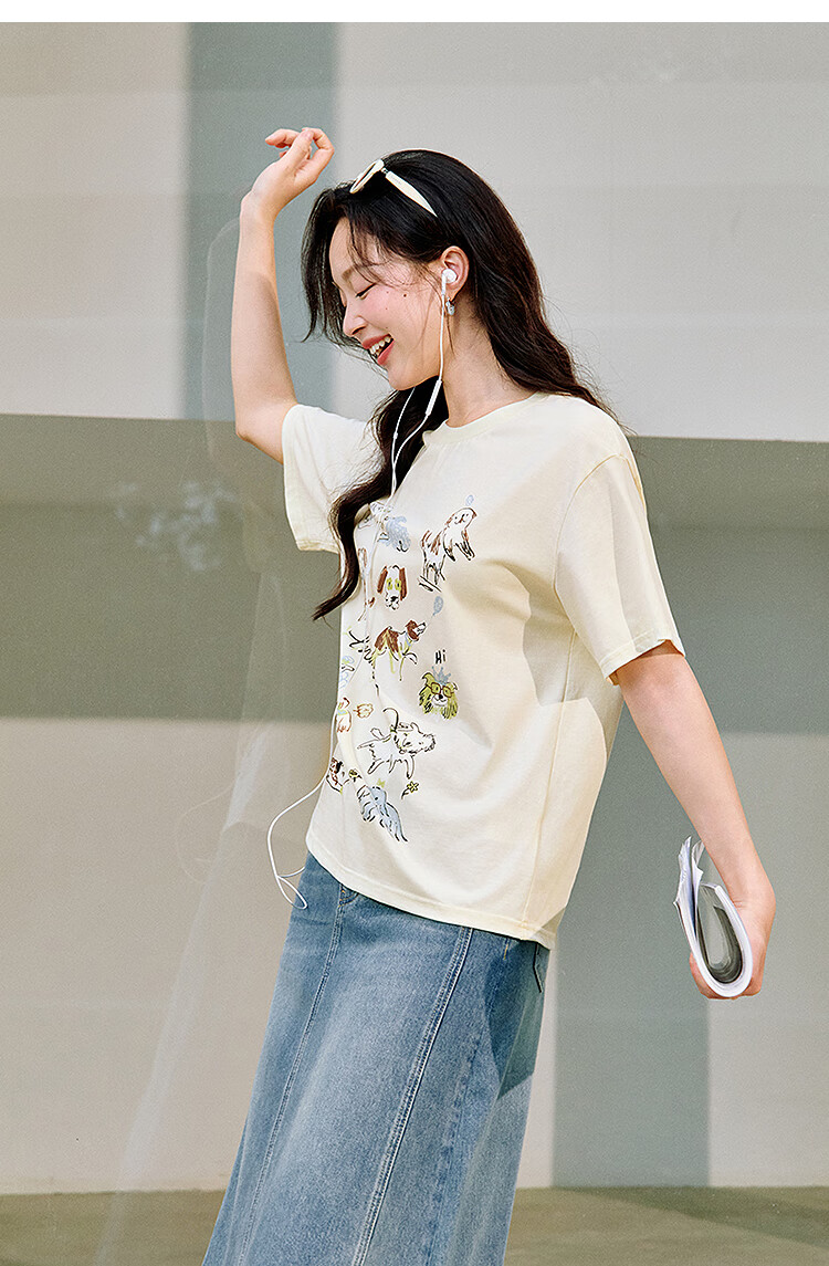 INMAN [Same As in Show] Cotton Cat Print Round Neck Short Sleeve T-Shirt for Women, Summer 2026 Top, Off-White, Size S 8