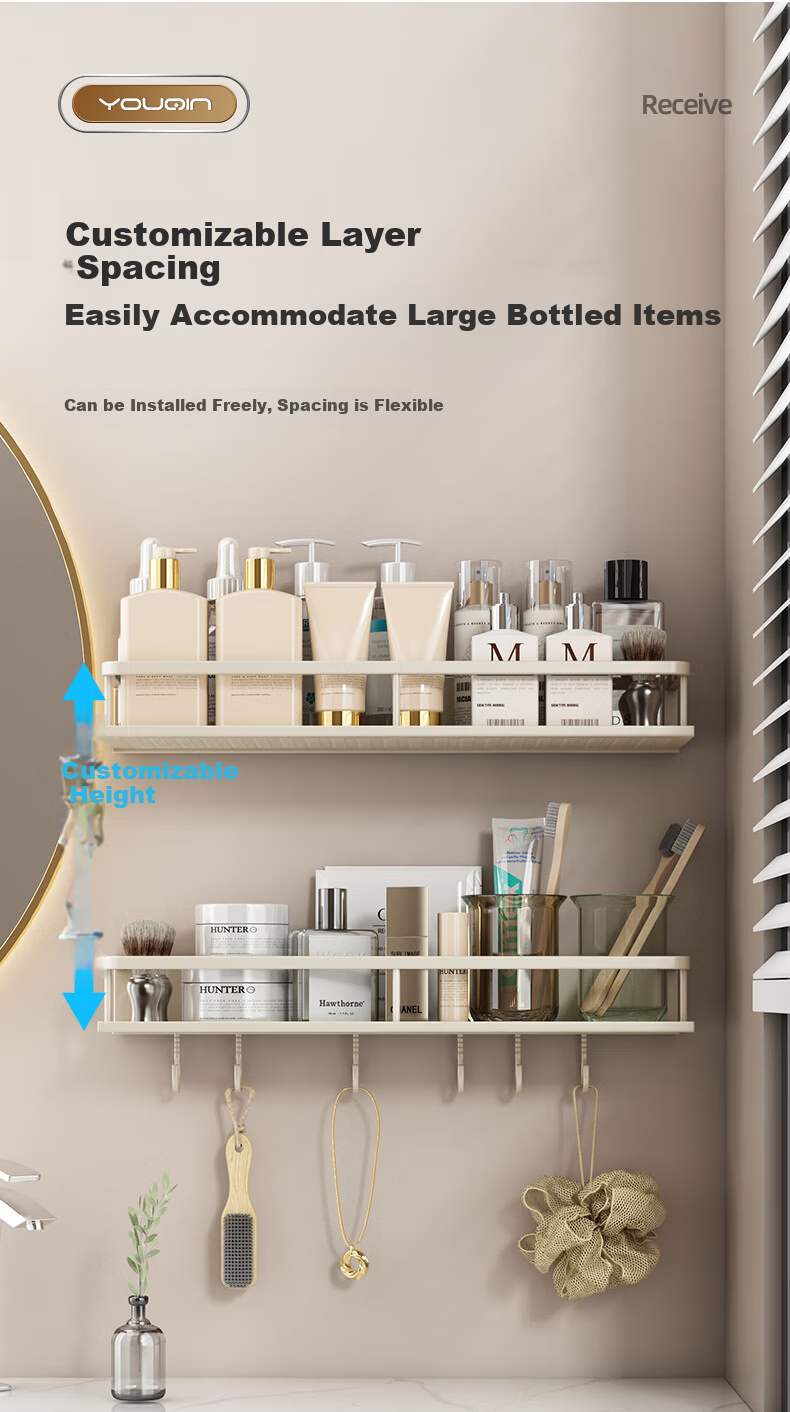 YOUQIN Bathroom Storage Rack, Transparent Wall-Mounted Toilet Organizer, Washbasin Shelf, Cream White, No Drilling Required, Storage Rack 4