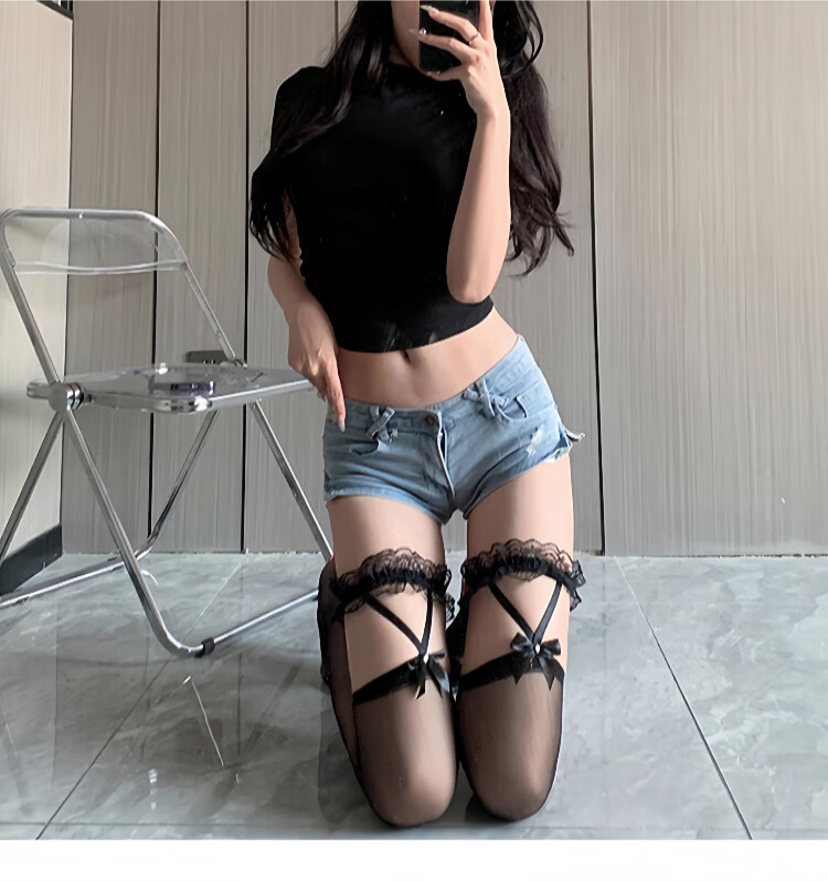 LangSha Spring Summer New Lace Sexy JK Pure Desire Black Over-the-Knee Suspender One-Piece Stockings 2 Pairs Pack 13