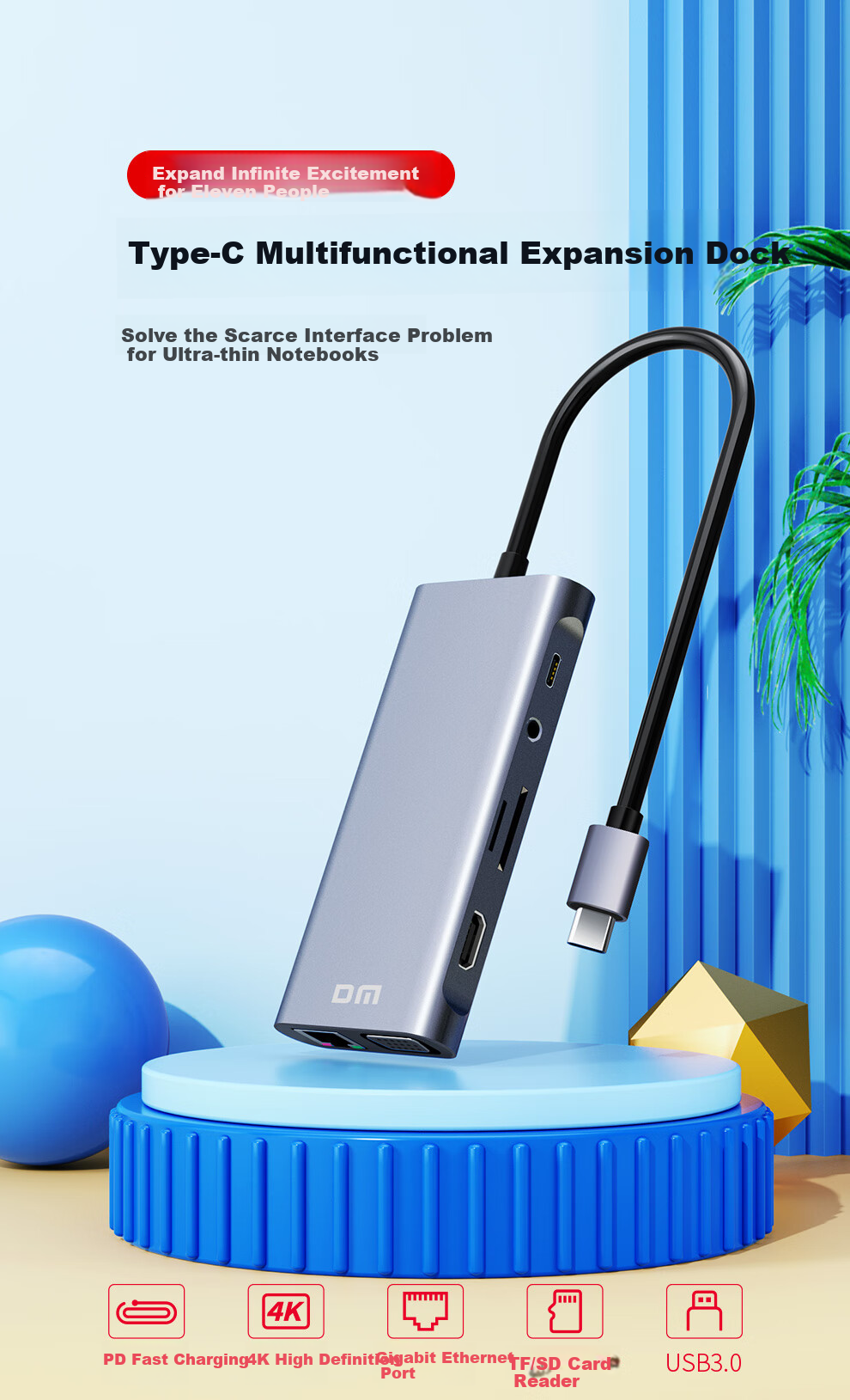 DM Daimai Type-C Eleven-In Expansion Dock, USB-C to HDM I/VGA/Network Port, Laptop 4K Adapter, Multifunctional Splitter with 3.5mm Audio, CHB065 1