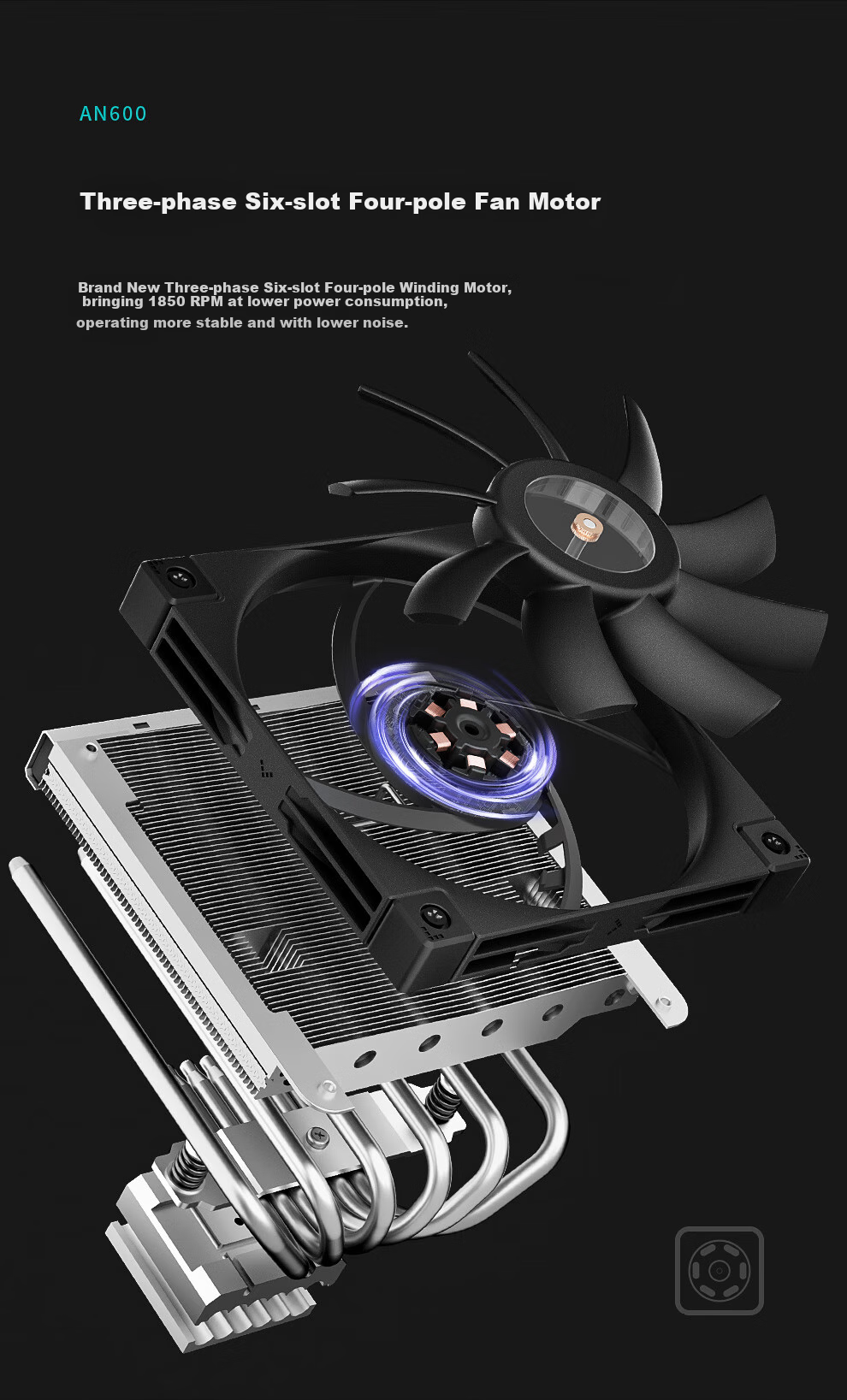 DEEPCOOL AN600 Bottom-Mounted CPU Air Cooler (6 Heat Pipes, Nickel-Plated Heat Pipes, 12cm FDB Fan, Three-Phase Six-Pole Motor, Multi-Platform Installation) 6