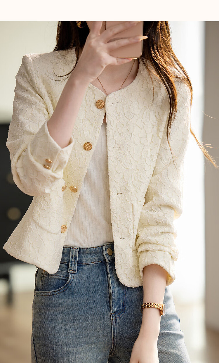 Dme [Sophisticated Fashionista Style] Spring Elegant Chanel-Inspired Lace Round Neck Waist-Cinching Metal Button Fashionable Short Jacket for Wome 11