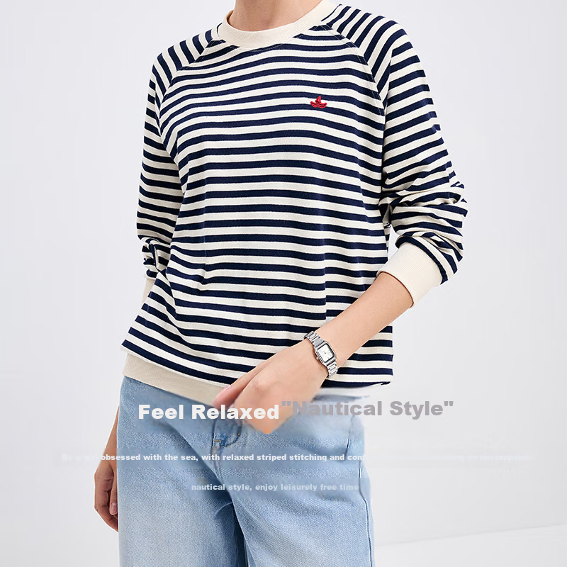 Navigare Women's All-Cotton Loose Long-Sleeve Sweatshirt, Striped Round Neck T-Shirt, 2315005501
