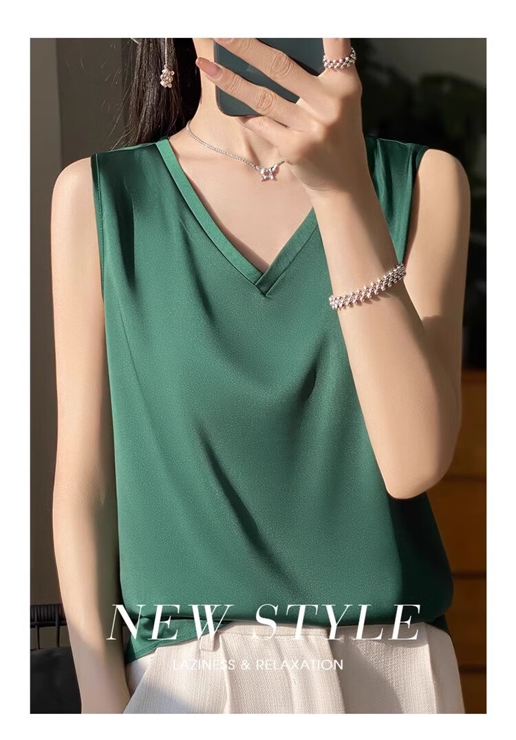 GUJIN Double V-Neck Premium Ice Silk Camisole Women's Innerwear Suit Base Layer Faux Silk Satin Tank Top Spring 15