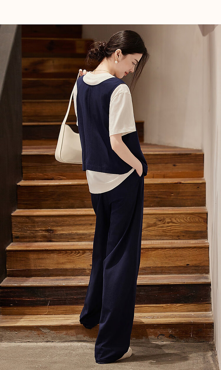 Dme High-Sense CBD Commuter Summer Minimalist Cotton Set Round Neck Vest Elastic Waist Pants Two-Piece Set 23