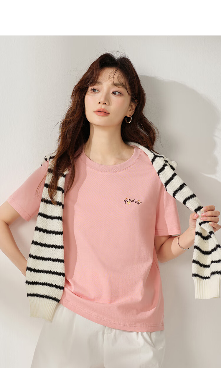 INMAN Women's 2025 Summer Embroidered Comfortable Simple Pullover Loose Fit Cotton Short Sleeve T-Shirt Sakura Pink S 35