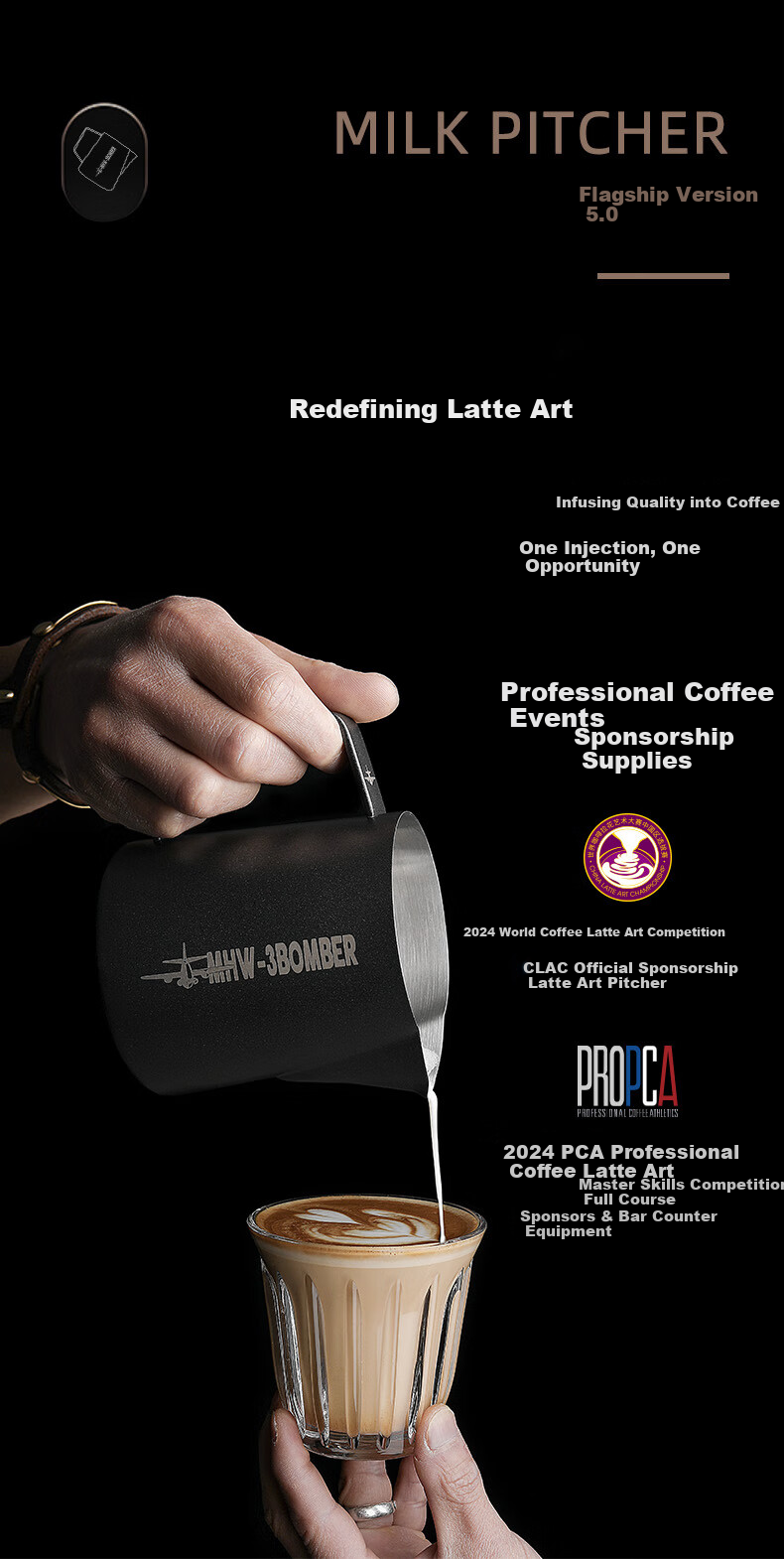 MHW-3BOMBER Gradient Pink Bomber 5.0 Latte Art Pitcher Crocodile Mouth Pointed Round Spout Professional Barista Milk Frothing Pitcher 1