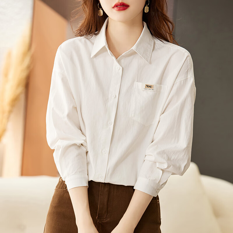 AOTUN Loose Pure Cotton Shirt for Women, New Style Ladies' Top Undershirt AT3594 White M