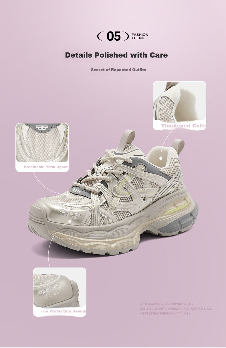 Belle Zhang Linghe Same Style Starry Track Dad Shoes Women Thick-Soled Sneakers B2199AM6, Gray, Size 36 9