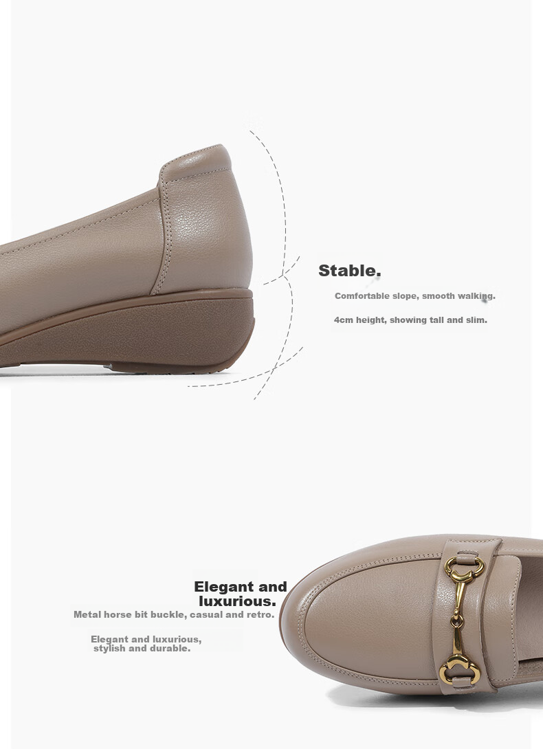 Goldlion Women's Shoes, Mom Leather Shoes, Slip-On Shallow Mouth Women's Flats, Wedge Round Toe Loafers, G662330071, Apricot Color, Size 37 6