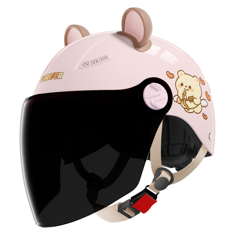 FOREVER 3C Certified Electric Bike Helmet Unisex Half Helmet Summer Sun Protection Breathable Dual Lens Four Seasons Universal Motorcycle Safety Helmet C05 Naughty Pink Sunshade Long Lens