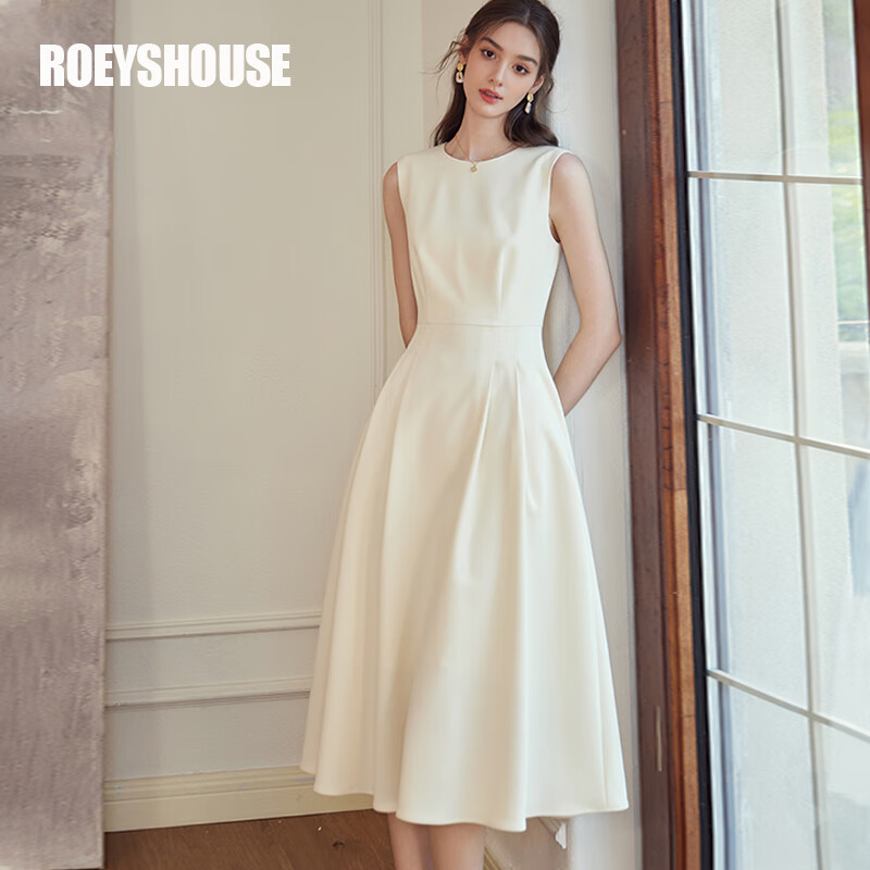 ROEYSHOUSE French Style Waist-Slimming Sleeveless Dress Autumn Commuting Round Neck Dress 09928 Black XL
