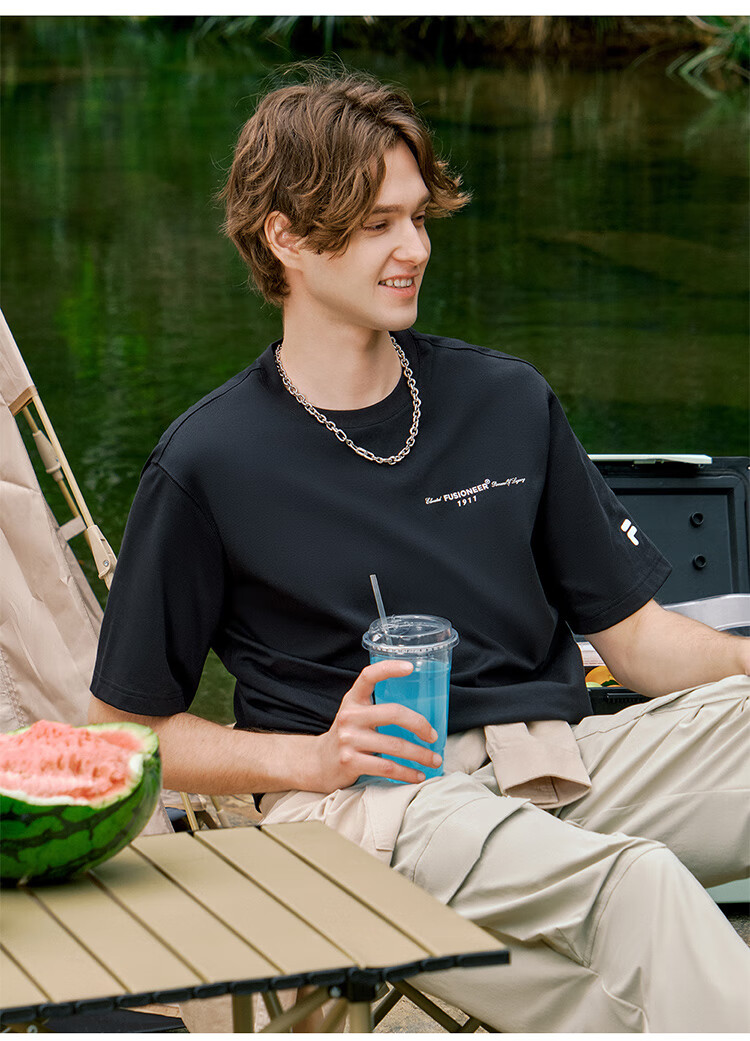 FILAFUSION Fila Trendy Men's Knitted Short Sleeve Shirt Summer Fashion Casual Loose T-Shirt 2