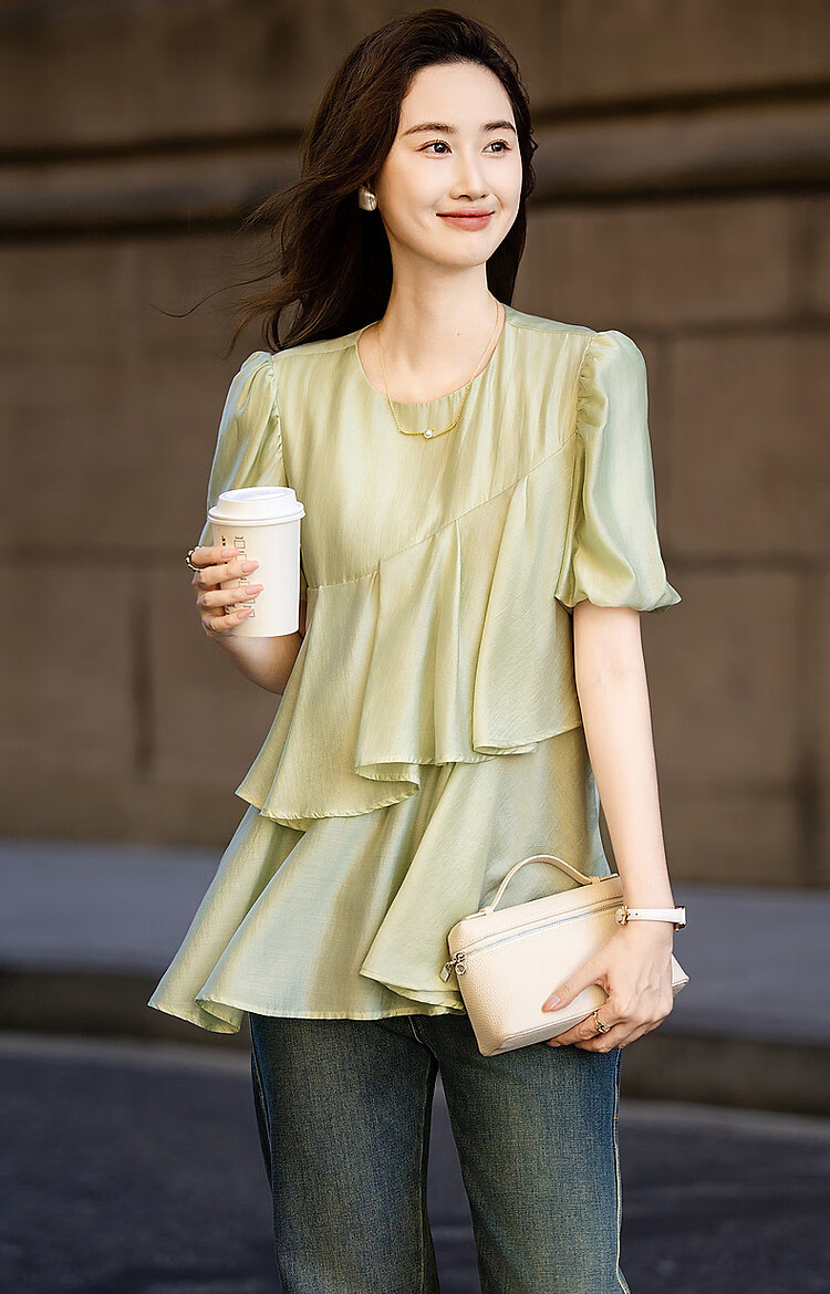 Dme [Luorimian] Summer Breathable Lyocell Tencel Shirt with Asymmetric Ruffle Collar And Puff Sleeves Top 14