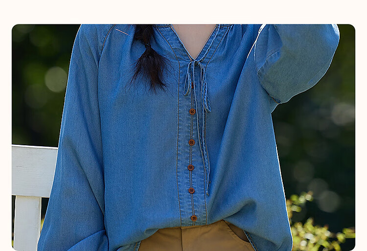 Dme [100 Lyocell] Autumn Lightweight Breathable Tie-Up Decorative Button Shirt, Loose Denim Blouse, Women's Top 4