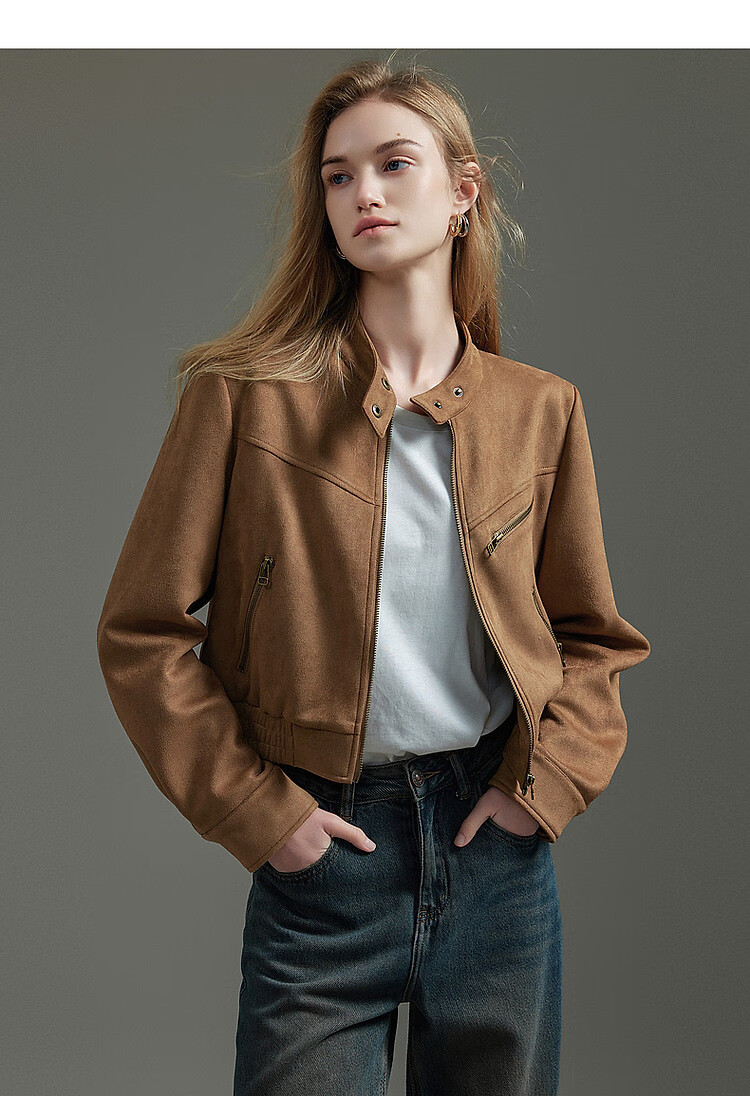 Dme [Wake Up Wild] Autumn Motorcycle Style Stand Collar Faux Suede with Split Line Elastic Hem Jacket for Women, Short Style 3
