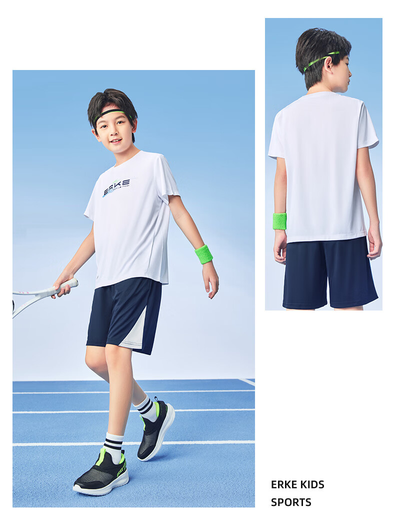 ERKE Children's Sportswear, Boys And Girls Outdoor Short-Sleeve Set, Summer Wear, Pure White, Size 165 13