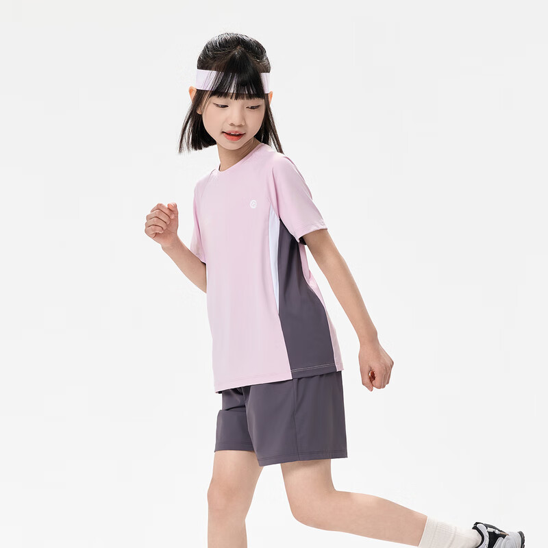EBAER Children's Cooling Sports Set, Summer 2025 Style, Boys' Sun Protection T-Shirt, Girls' Lightweight Shorts, Lingjing Pink, Size 140