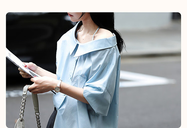 Dme [Pure Cotton Dominant Area] Spring And Autumn Korean-Style Slightly Chubby Pear-Shaped Shirt, Off-Shoulder, Tie-Waist, Concealing Shirt, Women's Top 4