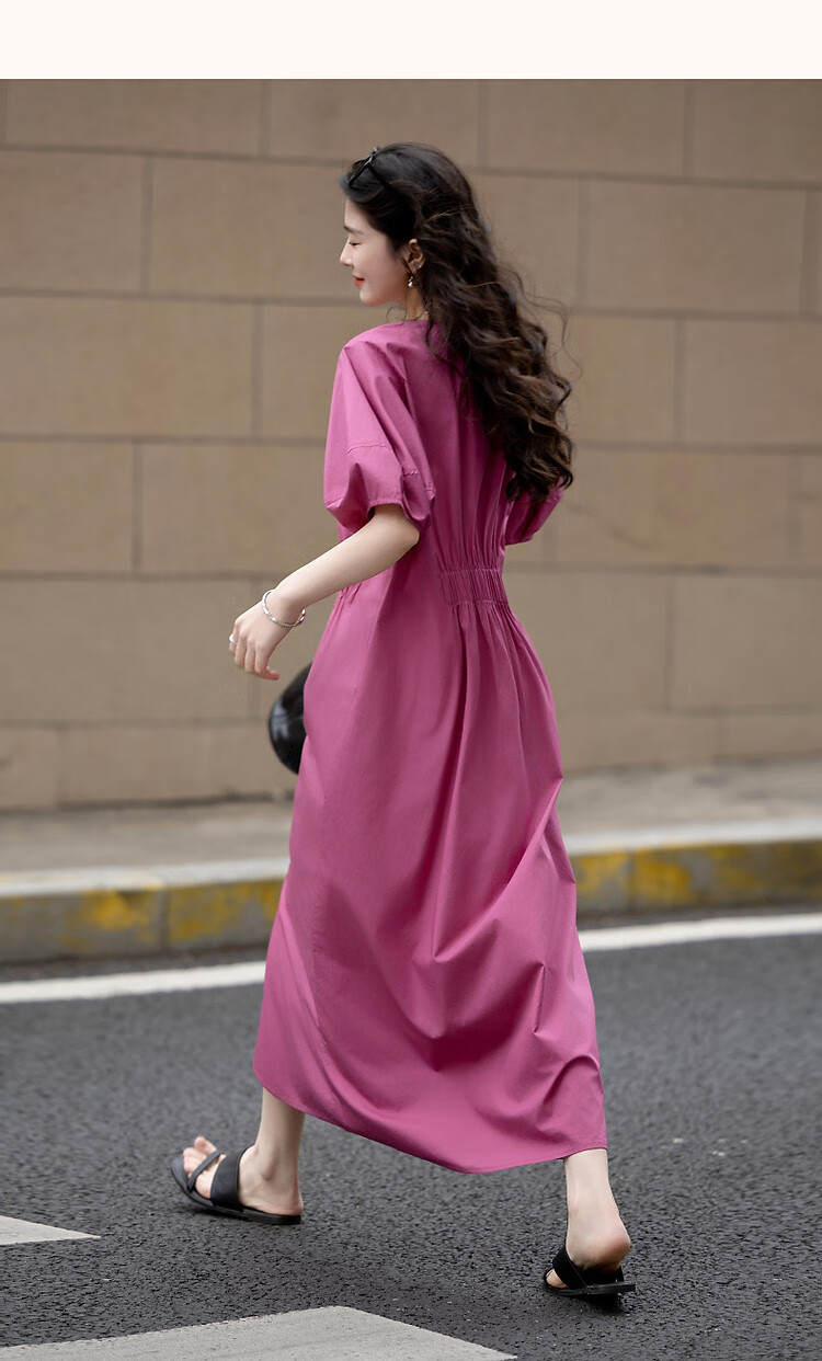Demana 100% Cotton Summer Elegant V-Neck Elastic Waist Short Sleeve Mid-Length Slimming Women's Dress 15