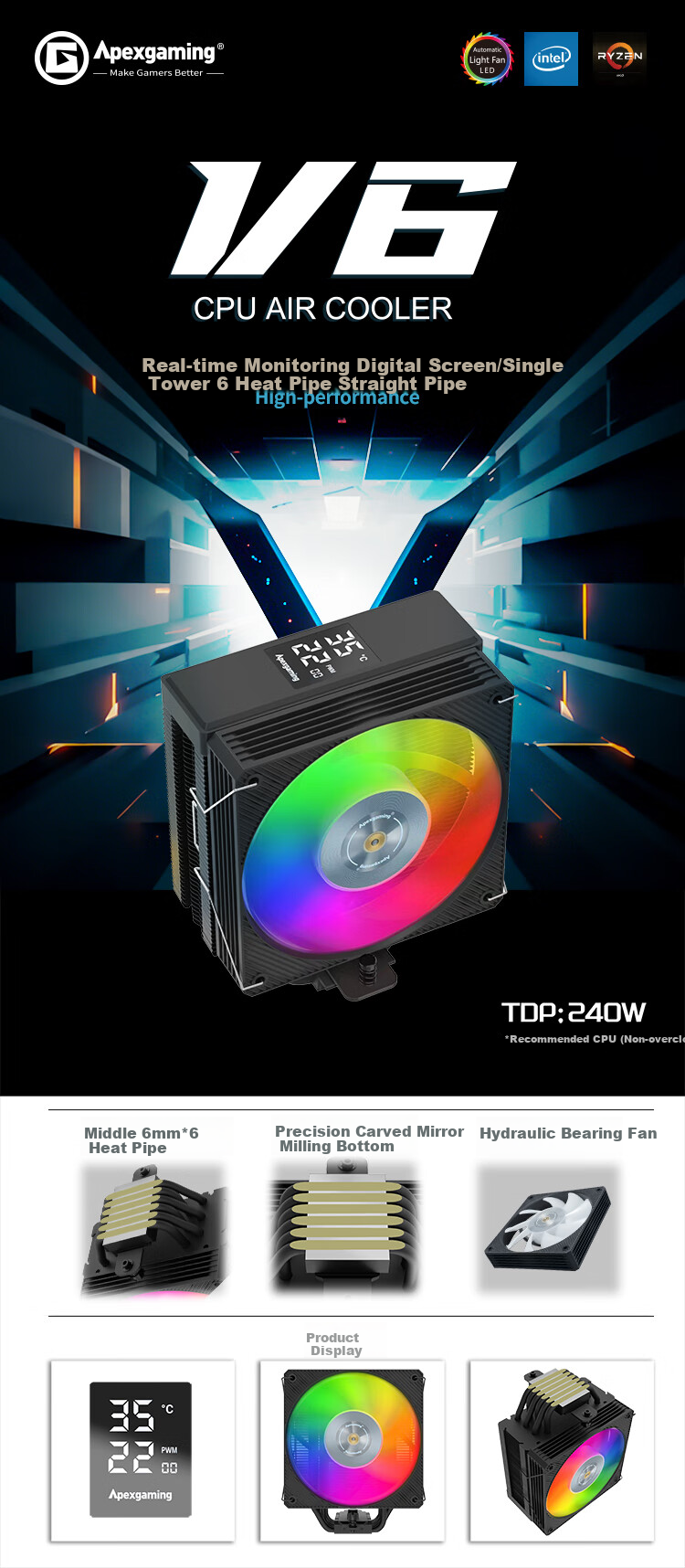 Apexgaming V6BG Single Tower Six Heat Pipes/Smart Digital Display Temperature Control Cooler, Dual Platform Compatible, Aura Sync Support, for 12th/13th Gen Intel Core, Main Product 2