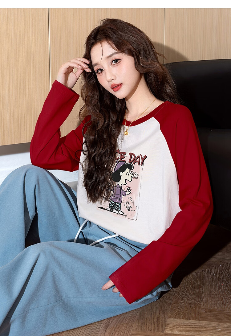 TonLion Autumn And Winter Long-Sleeve T-Shirt for Women, Wearable As Outerwear, Knitted Front Chest Cartoon Photo Raglan Long-Sleeve T-Shirt, Women's Clothing with A High-End Feel 6
